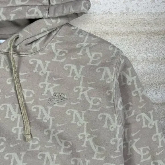 Vintage Y2K Nike Hoodie Mens L Light Brown All Over Print Swoosh Cotton Pullover - Picture 3 of 4